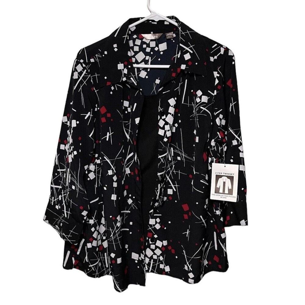 WHITE STAG red floral leaf Black short sleeve stretch Open Cardigan top 2X NWT